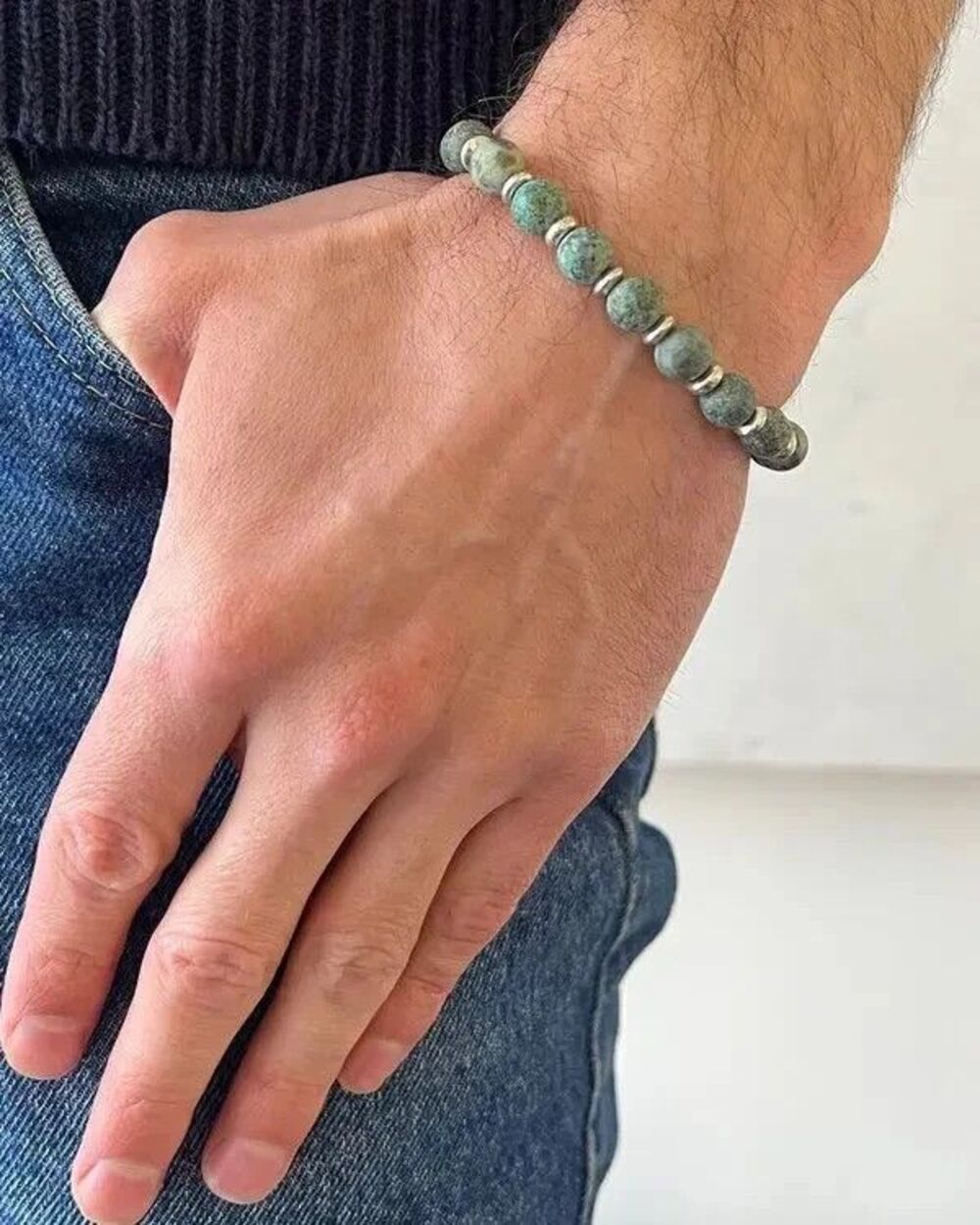 MONOTYPE Jonathan Meizler Bracelet Green Variegated Stone Bead Stretch HUGO $130